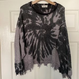 Peach Love California Distressed Tie Dyed Crew Neck Black and Gray Sweater